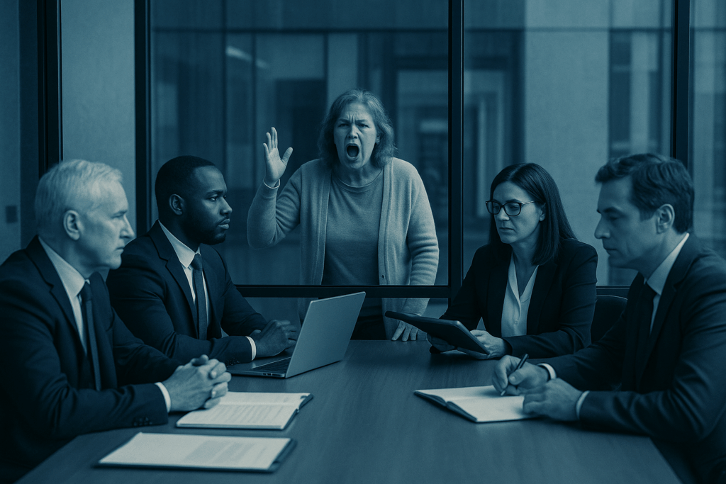 Executives ignore a shouting woman outside a glass wall in a cold-toned meeting room.