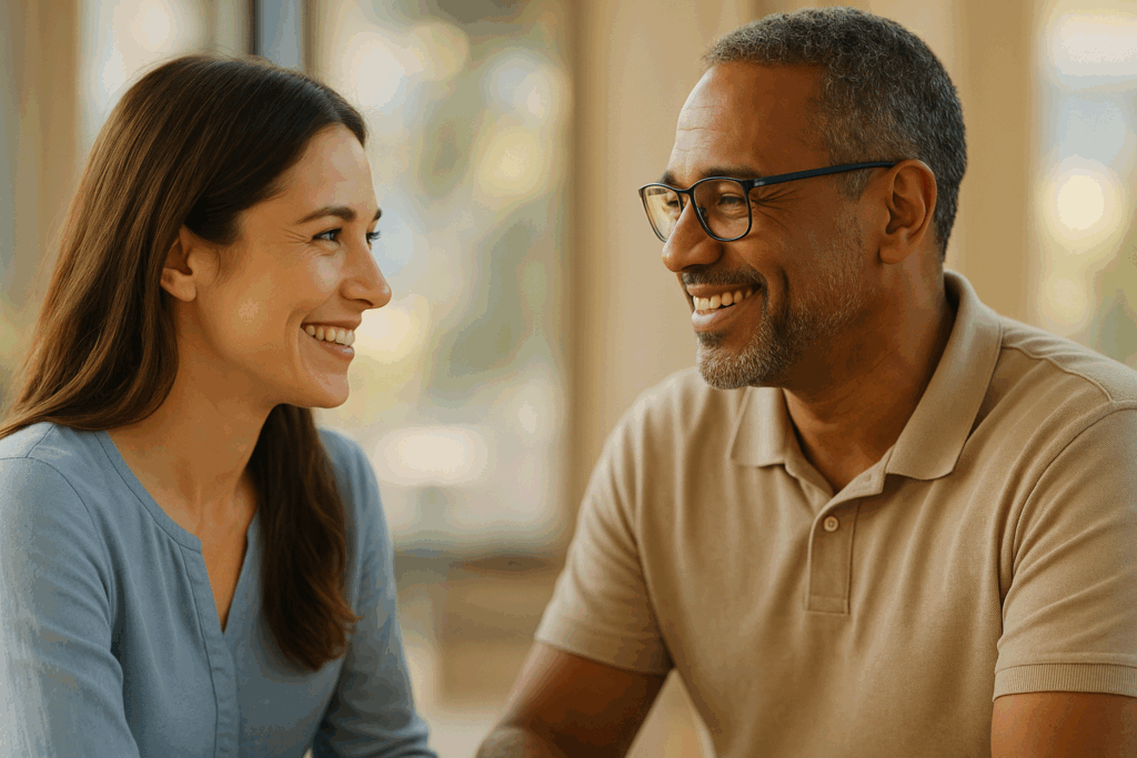 Kaksi ihmistä istuu vastakkain ja hymyilee toisilleen lämpimästi luonnonvalossa. Heidän katseensa kohtaavat empaattisesti, ja taustalla näkyy pehmeästi sumentunut, vaalea sisätila. Two people sit facing each other and share a warm smile in natural light. Their eyes meet in a moment of genuine empathy, with a softly blurred, light-toned indoor background.