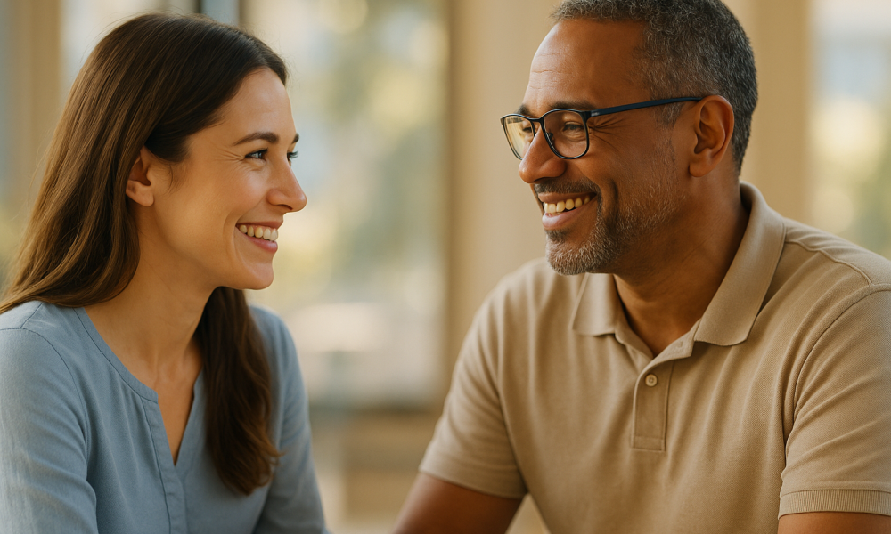 Kaksi ihmistä istuu vastakkain ja hymyilee toisilleen lämpimästi luonnonvalossa. Heidän katseensa kohtaavat empaattisesti, ja taustalla näkyy pehmeästi sumentunut, vaalea sisätila. Two people sit facing each other and share a warm smile in natural light. Their eyes meet in a moment of genuine empathy, with a softly blurred, light-toned indoor background.