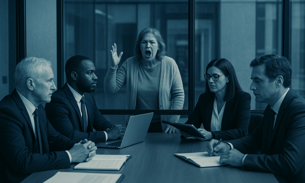 Executives ignore a shouting woman outside a glass wall in a cold-toned meeting room.